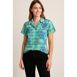 Hollywood Women’s Sheer Button Up Blouse Blue Green‎ Floral Plaid Short Sleeve –